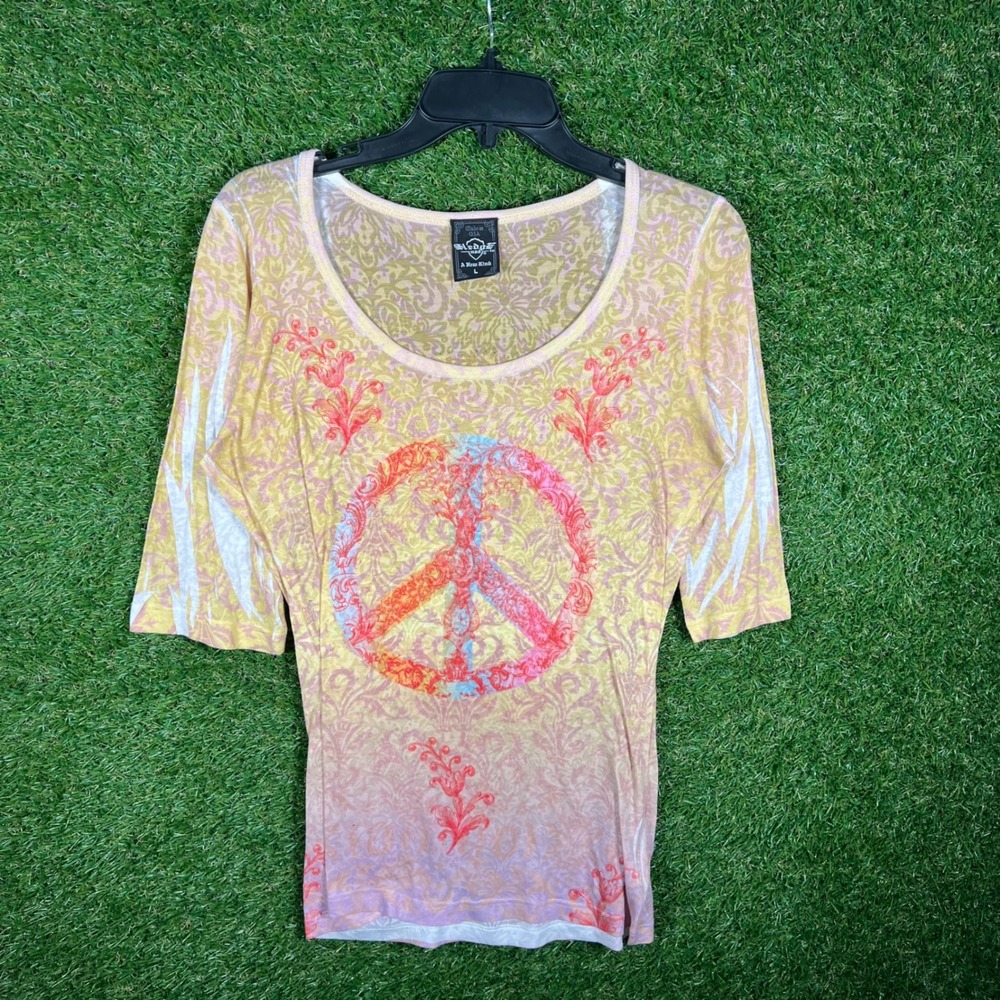 Sledge USA Womens Peace Sign Rhinestone Burnout Graphic Top Yellow Pink Large